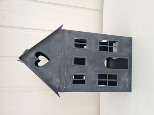 Windlicht Metall Häuschen, Lichthaus grau/antik  21 cm