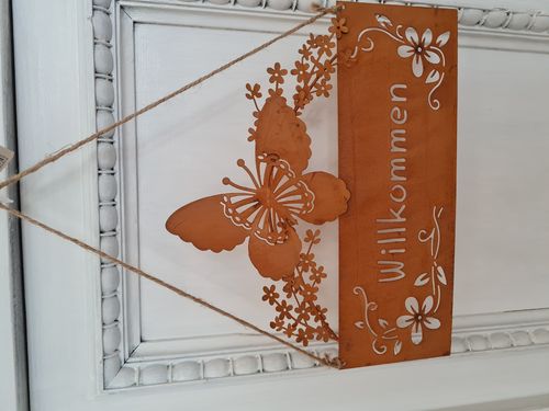 Willkommen Schild rost mit Schmetterling z. Hg. 25x9 cm